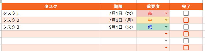タスク一覧シートの画面